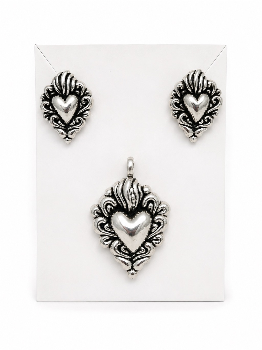 925 Sterling-Style Silver Heart Pendant & Stud Earring Set